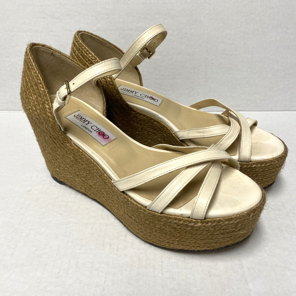 Jimmy Choo Delaney Sandal 80 Ivory Leather Wedge Braided Rope Detailing … - Picture 2 of 11